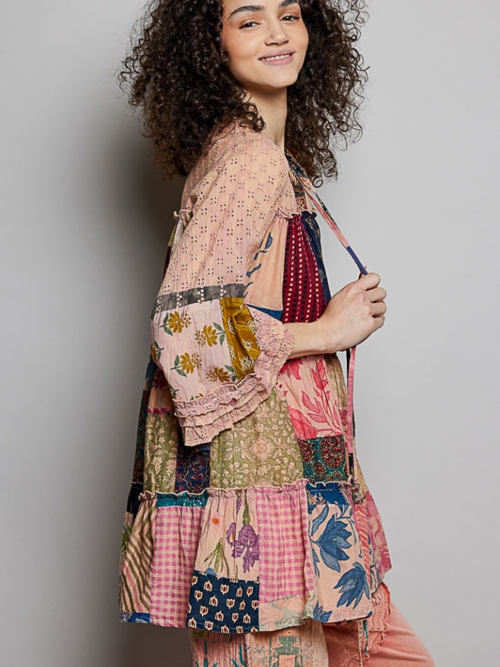 "The Rahini" Peach Patchwork Relaxed 3/4 Sleeve Tunic - Picture 2 of 2